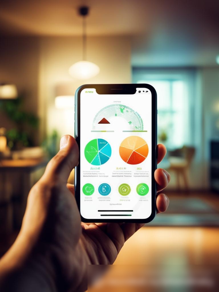 Крупным планом изображена рука, держащая смартфон с приложением для аудита энергопотребления, показывающим графические представления потребления энергии - Пример 5