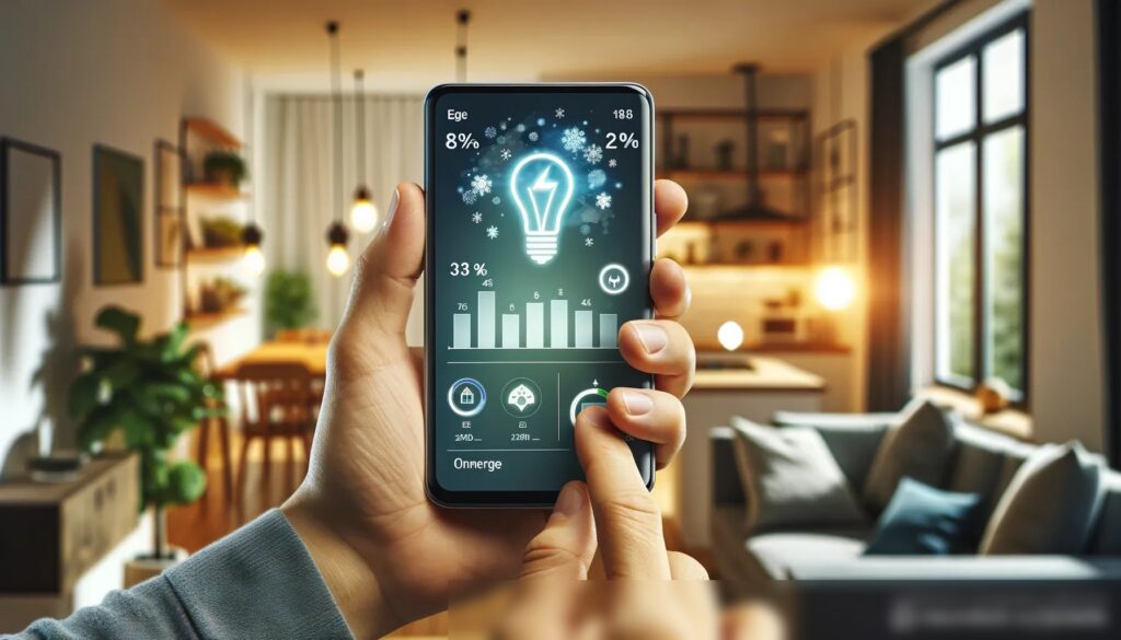 Крупным планом изображена рука, держащая смартфон с приложением для аудита энергопотребления, показывающим графические представления потребления энергии - Пример 1