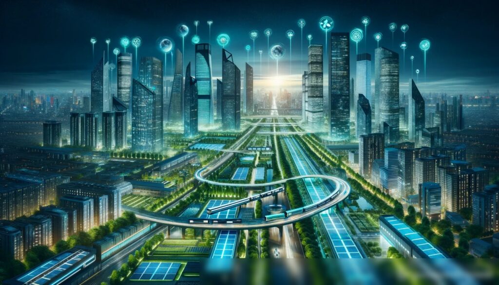 Концепция футуристического умного города, работающего на возобновляемой энергии, с небоскребами, интегрированными солнечными панелями, зелеными зонами и общественным транспортом на чистой энергии - Пример 2