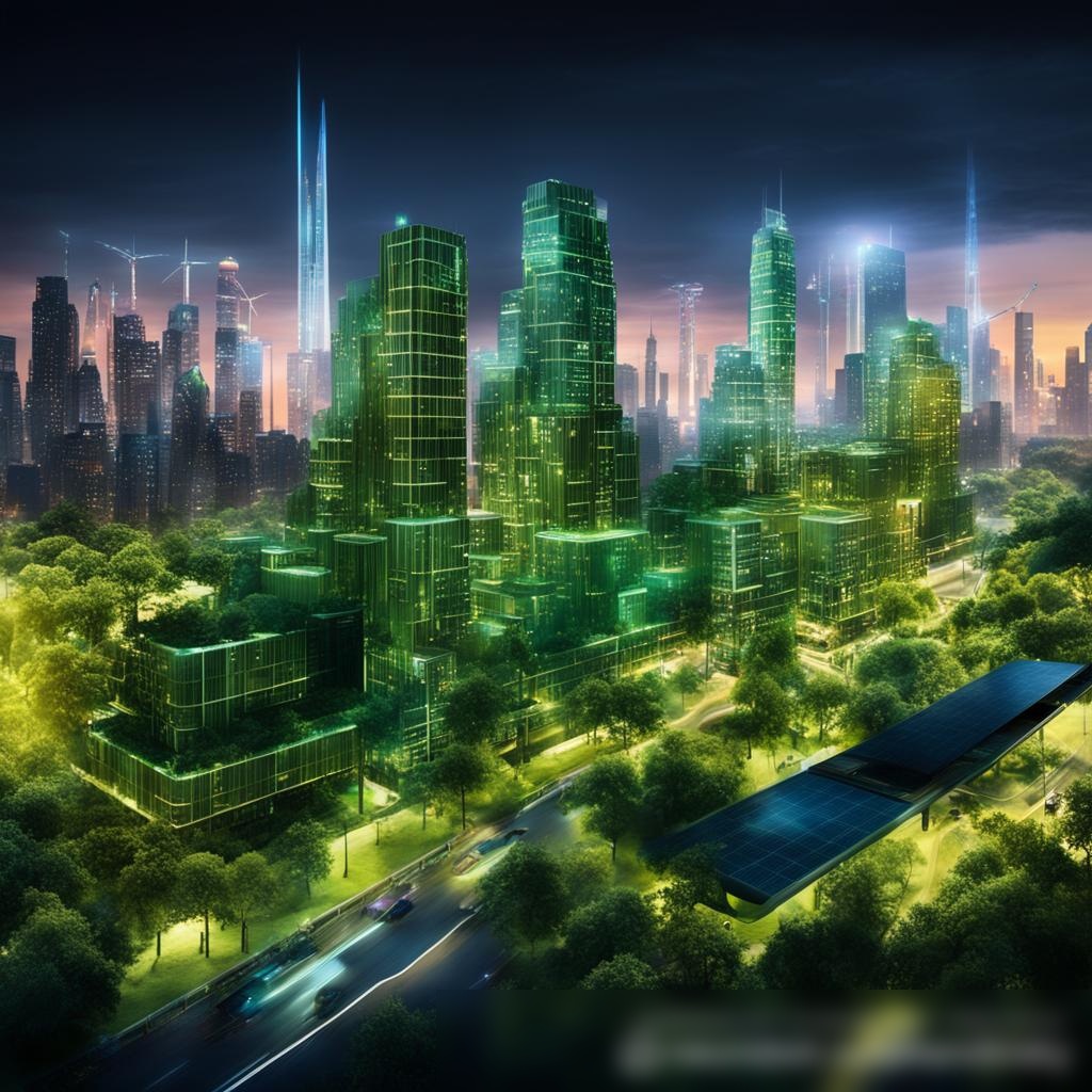 Концепция футуристического умного города, работающего на возобновляемой энергии, с небоскребами, интегрированными солнечными панелями, зелеными зонами и общественным транспортом на чистой энергии - Пример 3