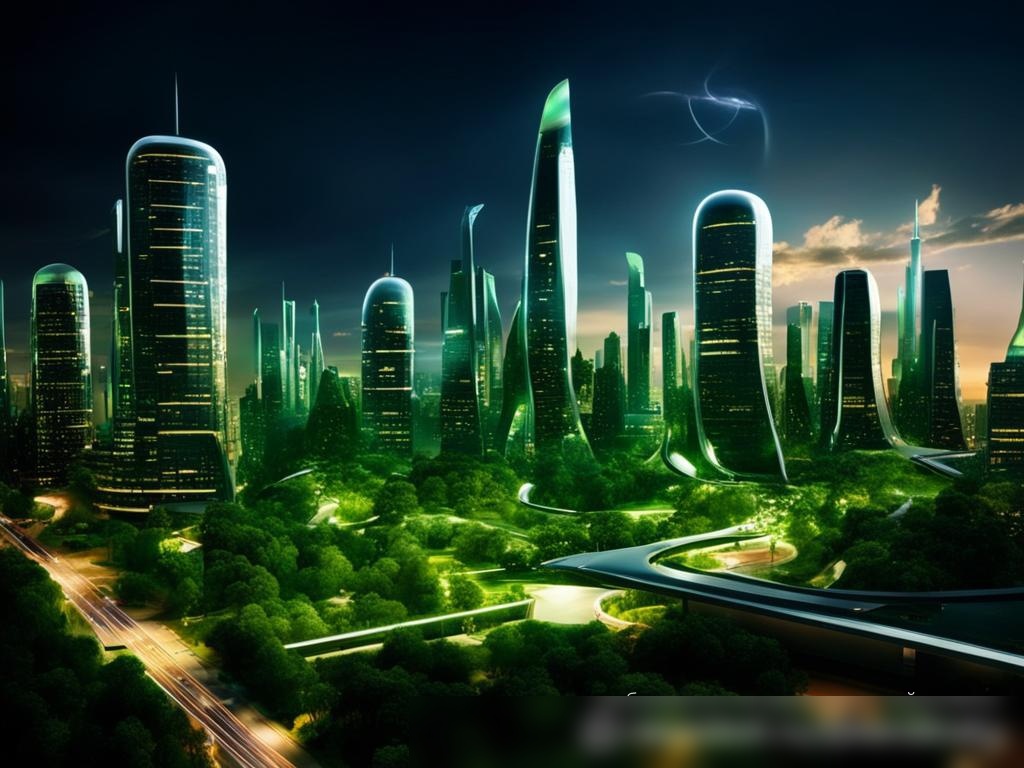 Концепция футуристического умного города, работающего на возобновляемой энергии, с небоскребами, интегрированными солнечными панелями, зелеными зонами и общественным транспортом на чистой энергии - Пример 4