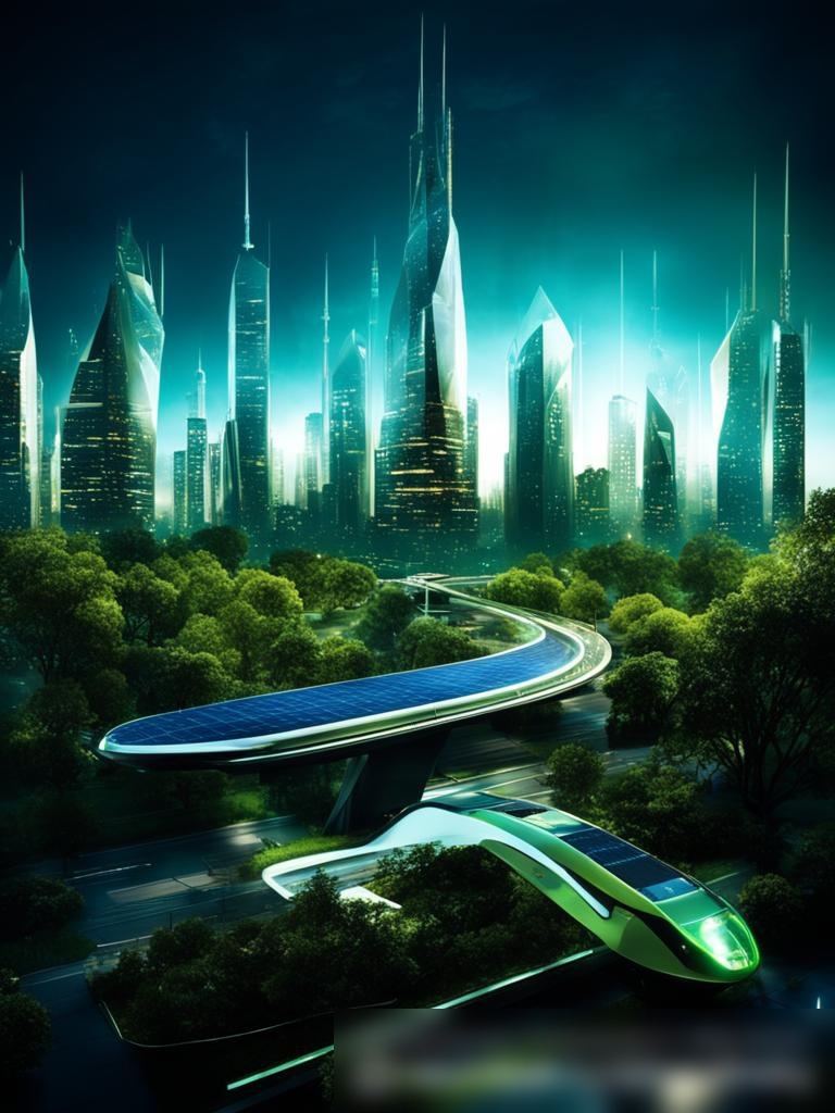 Концепция футуристического умного города, работающего на возобновляемой энергии, с небоскребами, интегрированными солнечными панелями, зелеными зонами и общественным транспортом на чистой энергии - Пример 5