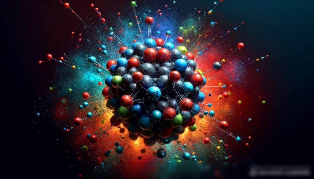 Концептуальное изображение, демонстрирующее молекулярную структуру обычного взрывчатого вещества, например TNT или RDX, выполненное в 3D - Пример 2