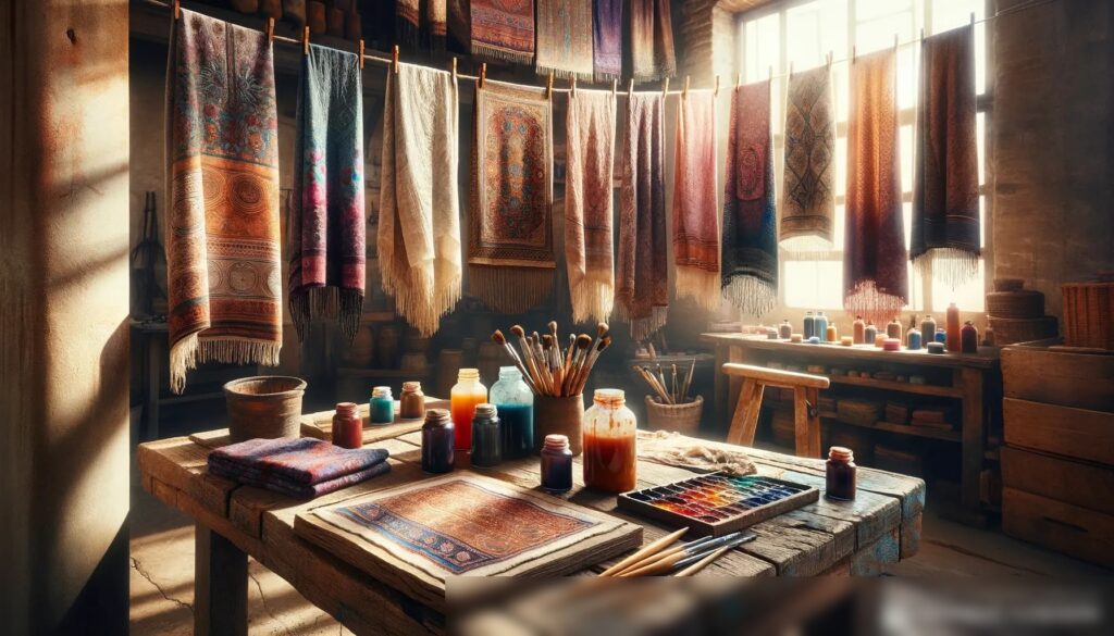 Артельная обстановка с висящими для сушки ручно окрашенными тканями, с красками и кистями на столе и мастерской на заднем плане - Пример 2