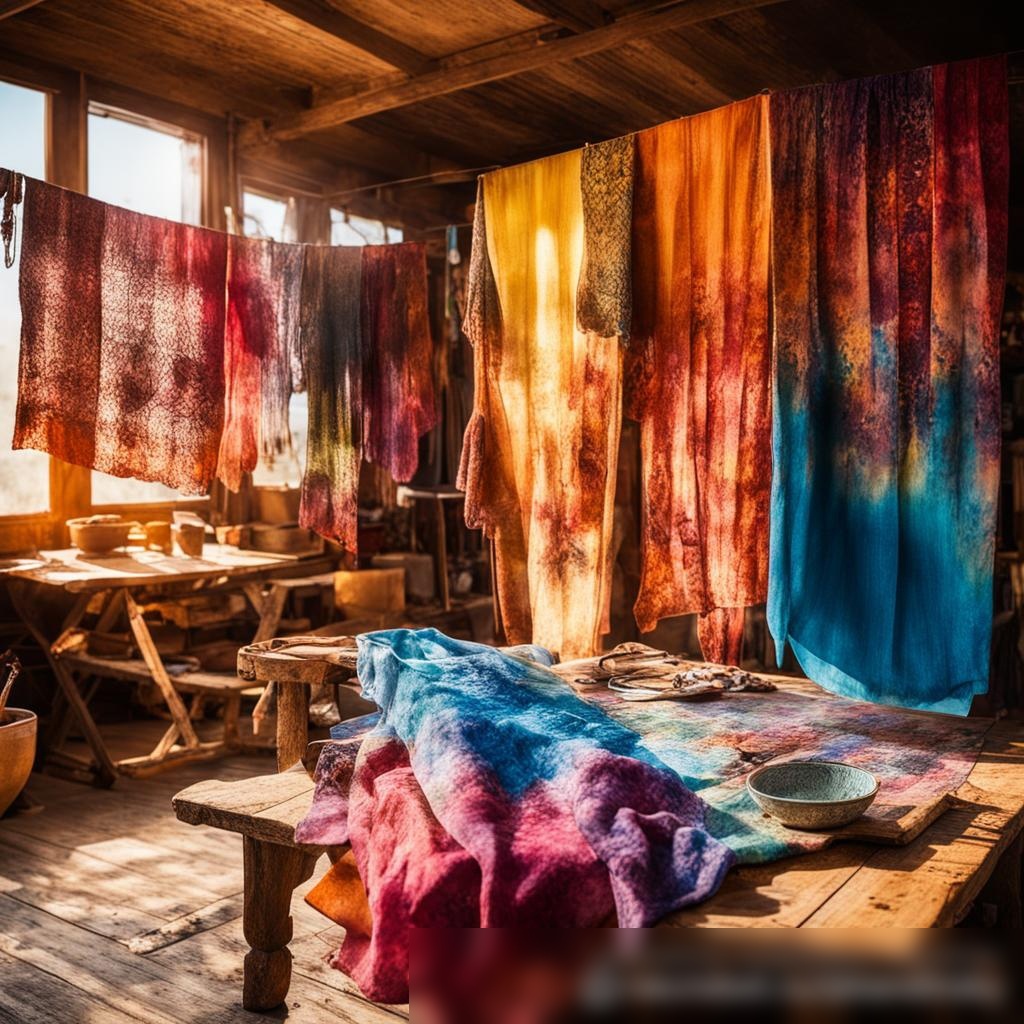 Артельная обстановка с висящими для сушки ручно окрашенными тканями, с красками и кистями на столе и мастерской на заднем плане - Пример 3