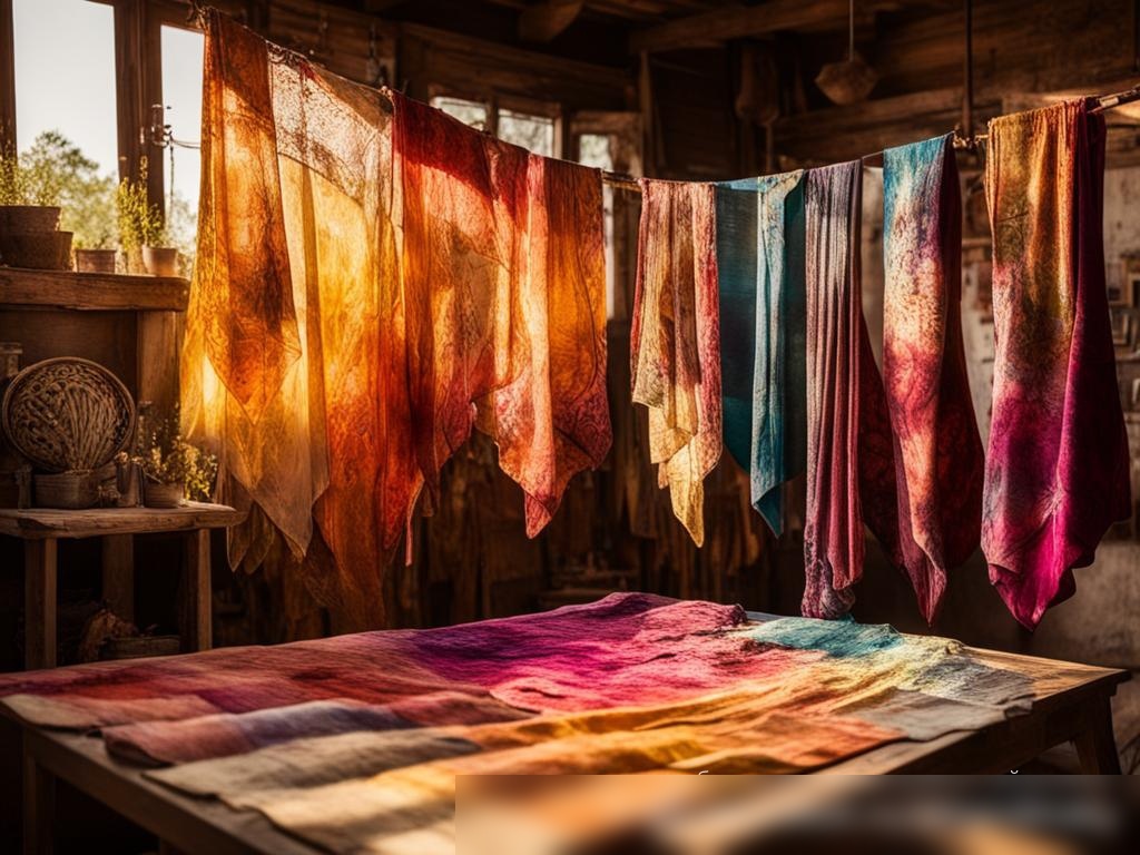 Артельная обстановка с висящими для сушки ручно окрашенными тканями, с красками и кистями на столе и мастерской на заднем плане - Пример 4