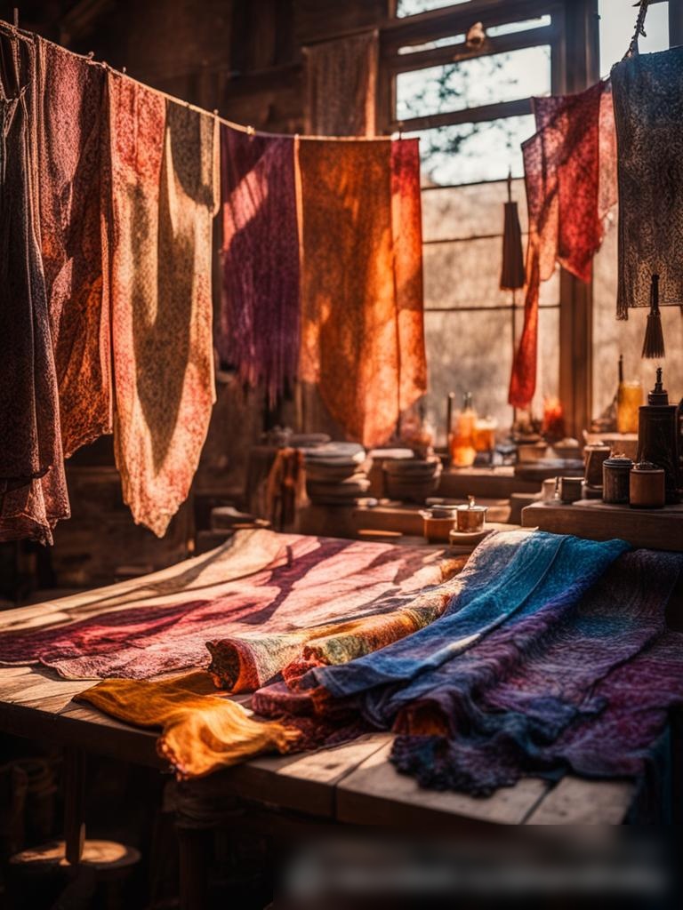 Артельная обстановка с висящими для сушки ручно окрашенными тканями, с красками и кистями на столе и мастерской на заднем плане - Пример 5