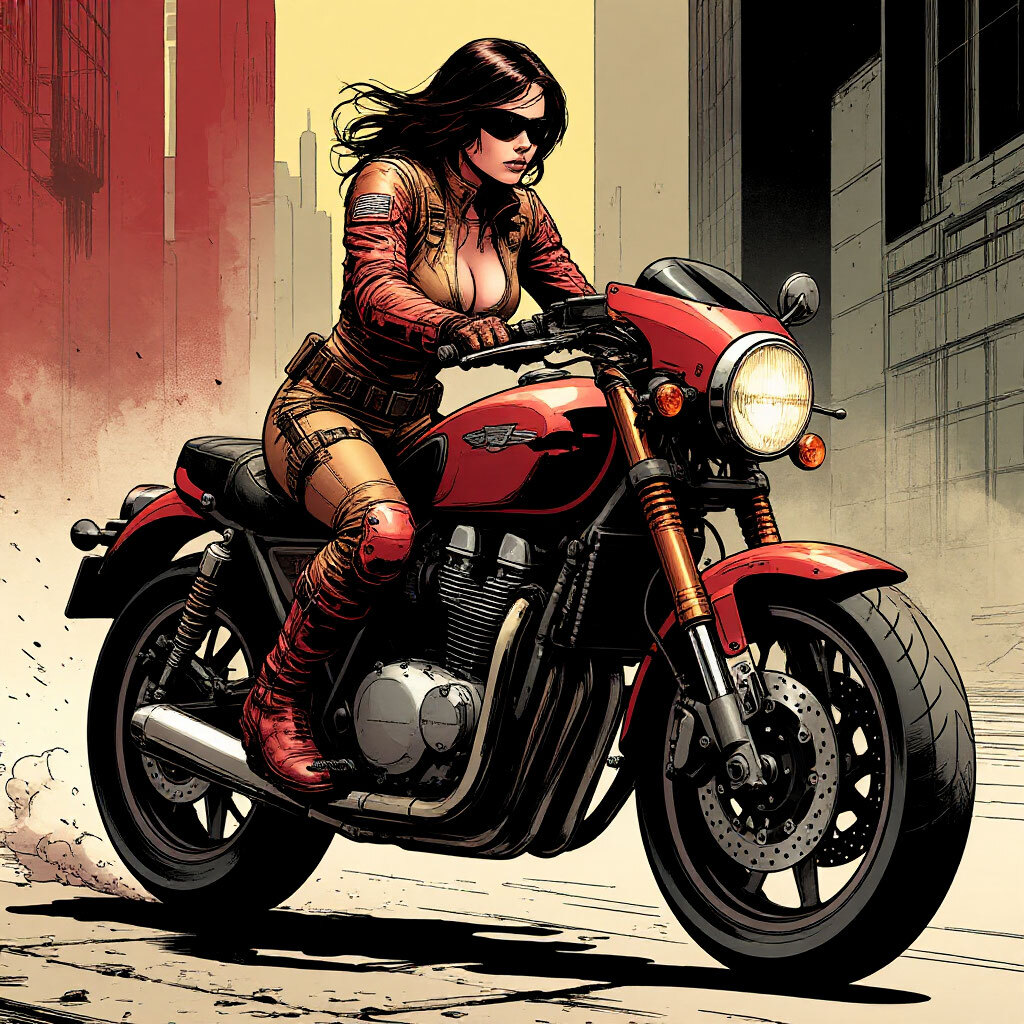 Промпт девушка на мотоцикле в стиле киберпанк - Пример 1