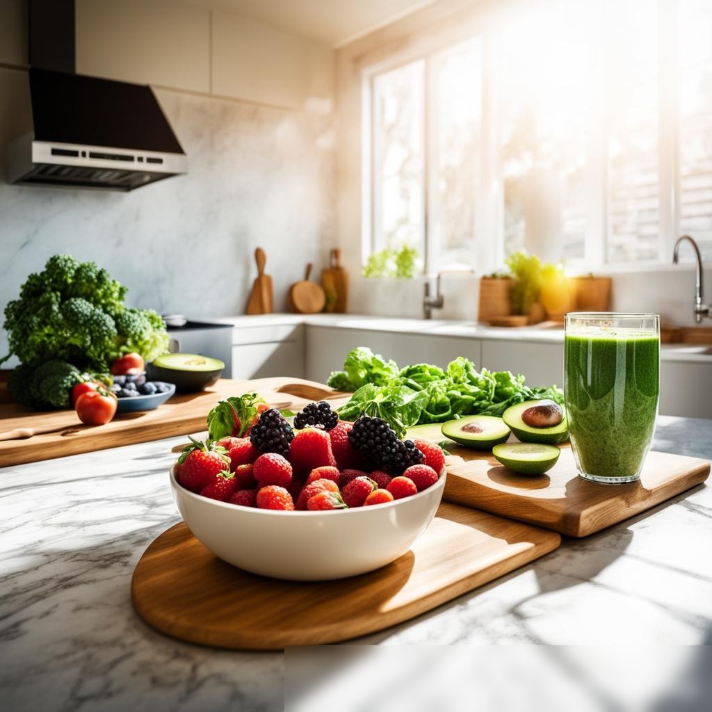 Широкоугольное изображение современной, светлой кухни с разнообразием свежих органических овощей и фруктов на мраморной столешнице - Пример 3