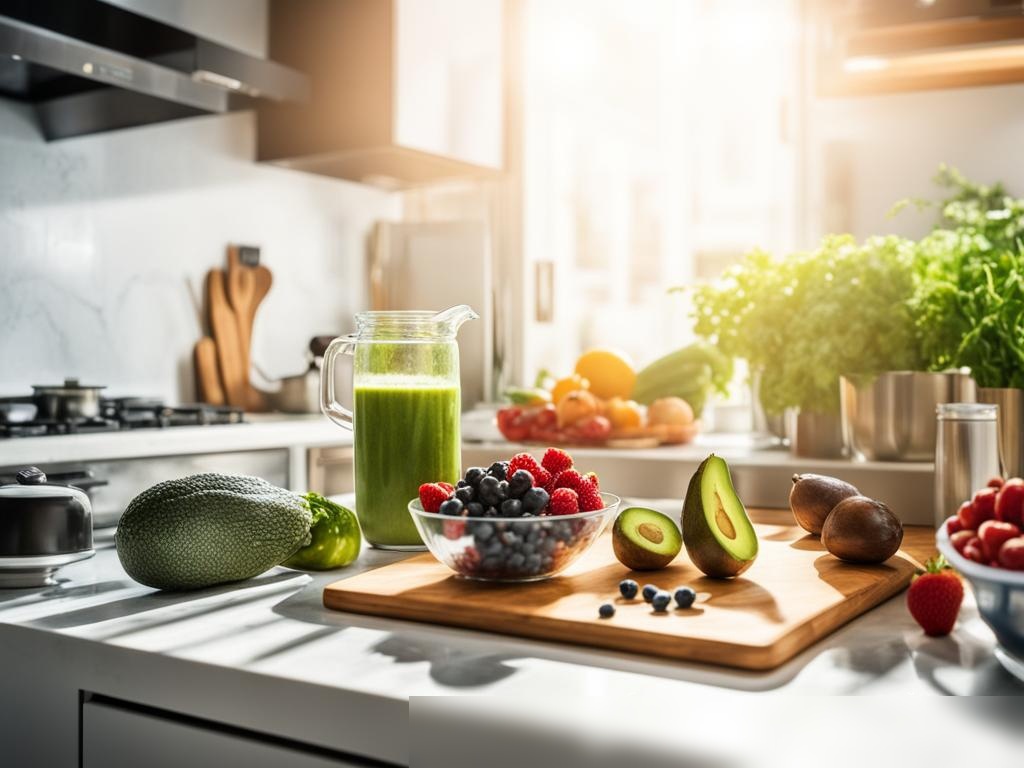 Широкоугольное изображение современной, светлой кухни с разнообразием свежих органических овощей и фруктов на мраморной столешнице - Пример 4