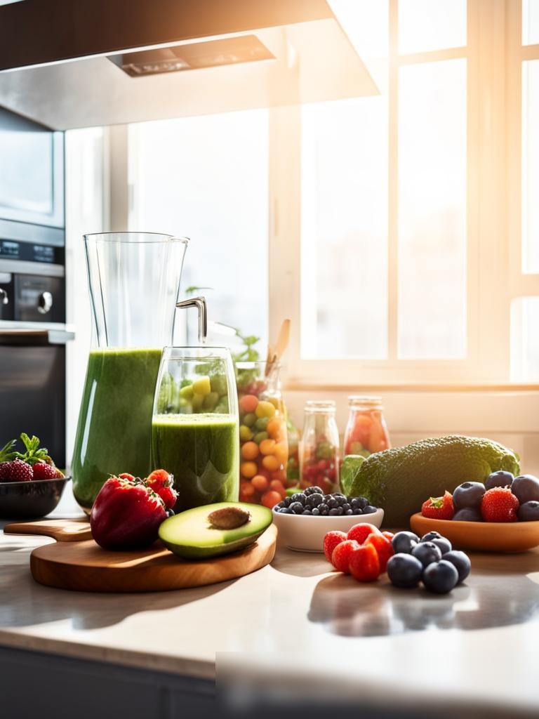 Широкоугольное изображение современной, светлой кухни с разнообразием свежих органических овощей и фруктов на мраморной столешнице - Пример 5