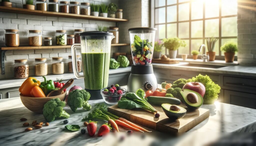 Широкоугольное изображение современной, светлой кухни с разнообразием свежих органических овощей и фруктов на мраморной столешнице - Пример 1