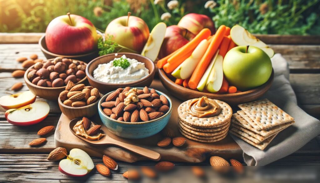 Изображение, демонстрирующее выбор диетических закусок, аккуратно расположенных на столе из старого дерева - Пример 2