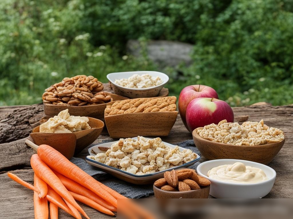 Изображение, демонстрирующее выбор диетических закусок, аккуратно расположенных на столе из старого дерева - Пример 4