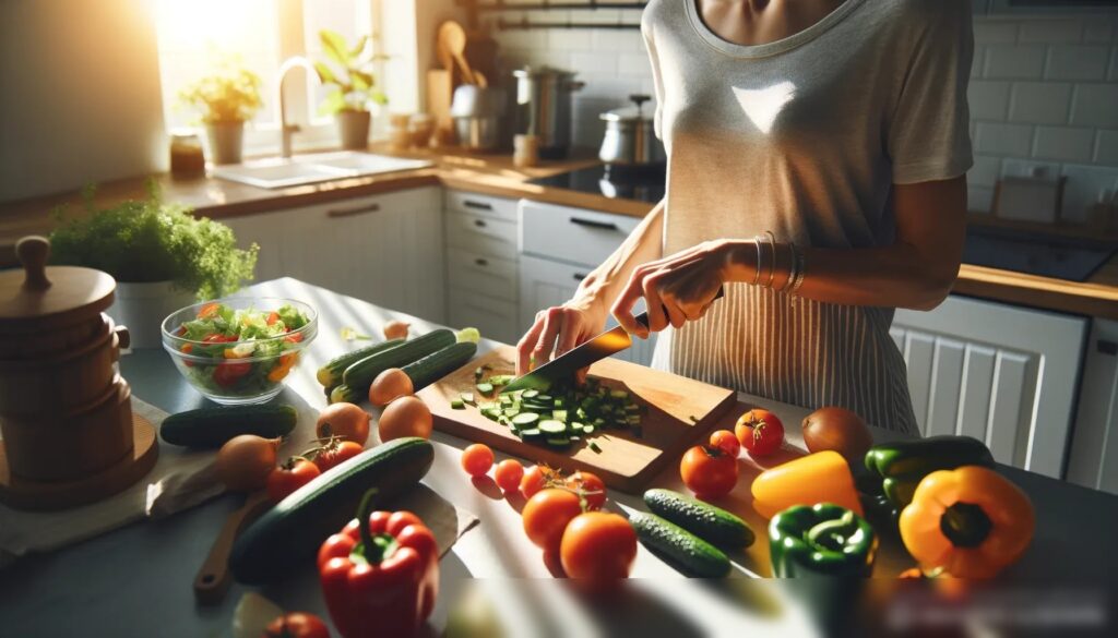 Сцена с человеком, готовящим здоровую пищу на солнечной кухне - Пример 2