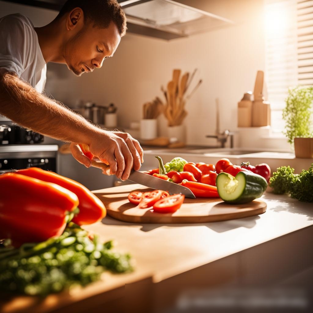 Сцена с человеком, готовящим здоровую пищу на солнечной кухне - Пример 3