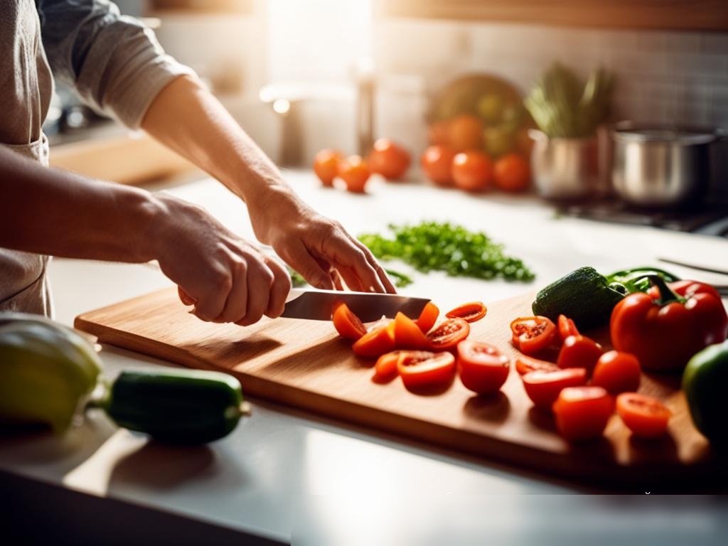 Сцена с человеком, готовящим здоровую пищу на солнечной кухне - Пример 4