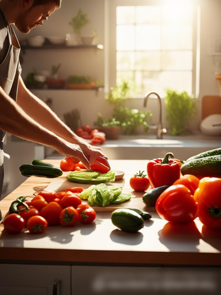 Сцена с человеком, готовящим здоровую пищу на солнечной кухне - Пример 5