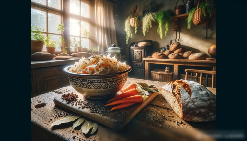 На третьем изображении запечатлен сельский деревянный стол с большой керамической миской, заполненной домашней квашеной капустой, на фоне уютной кухни - Пример 2