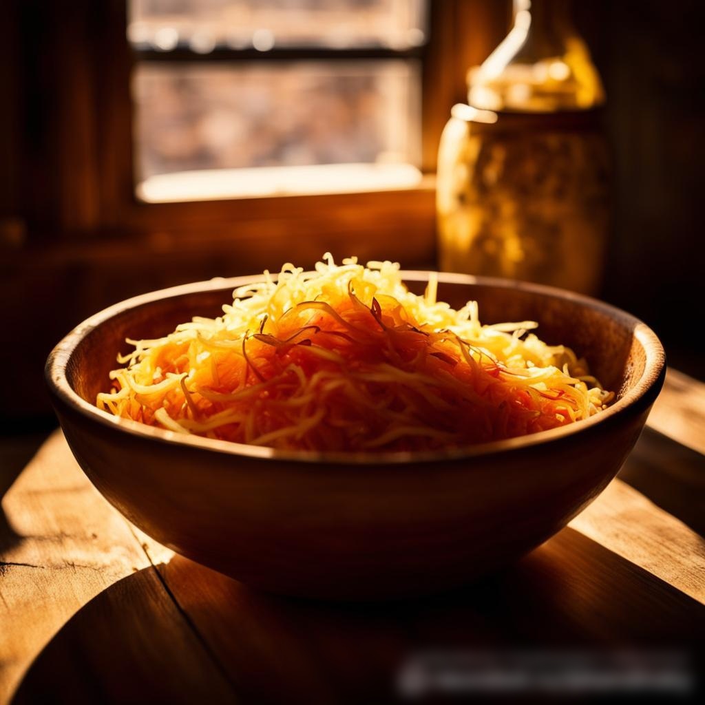 На третьем изображении запечатлен сельский деревянный стол с большой керамической миской, заполненной домашней квашеной капустой, на фоне уютной кухни - Пример 3