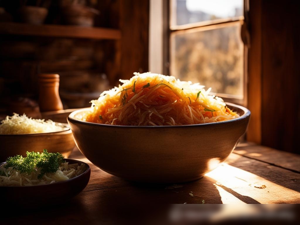 На третьем изображении запечатлен сельский деревянный стол с большой керамической миской, заполненной домашней квашеной капустой, на фоне уютной кухни - Пример 4
