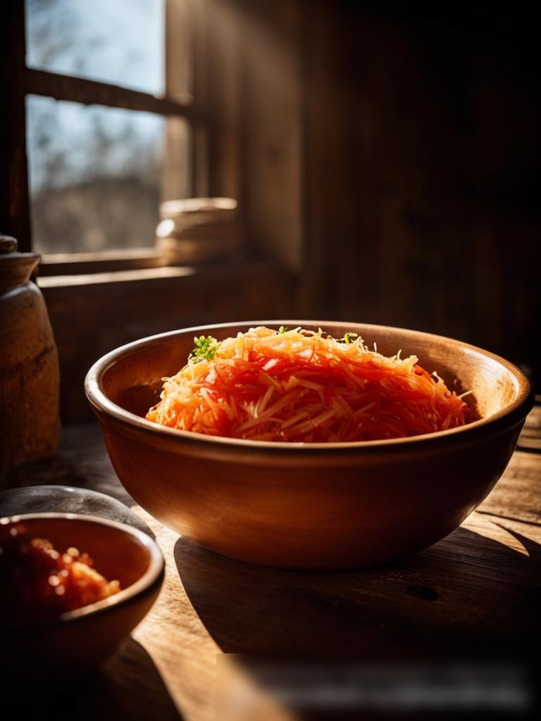 На третьем изображении запечатлен сельский деревянный стол с большой керамической миской, заполненной домашней квашеной капустой, на фоне уютной кухни - Пример 5