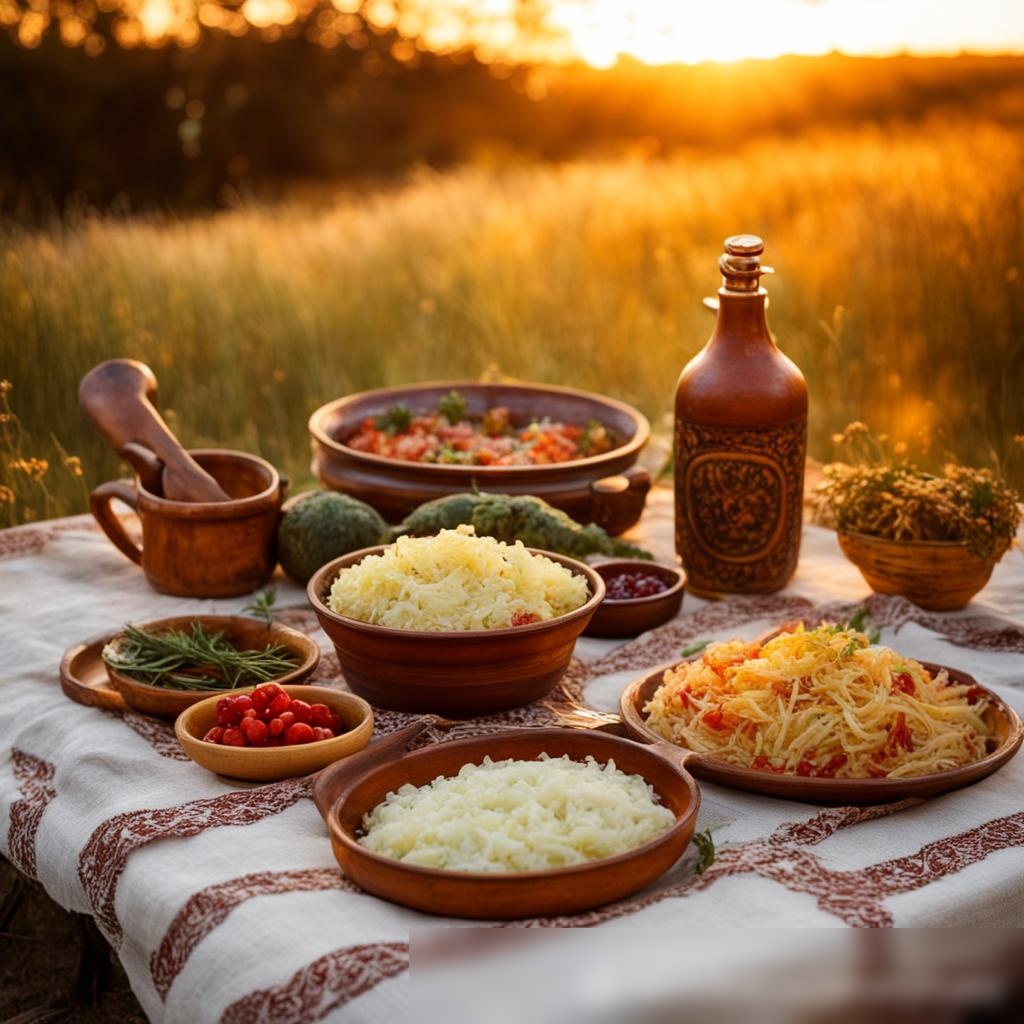 На первом изображении изображена сельская местность на закате, с рустиканским столом, украшенным традиционными русскими блюдами, где главное блюдо — квашеная капуста - Пример 3