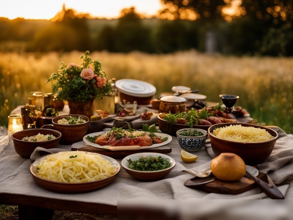 На первом изображении изображена сельская местность на закате, с рустиканским столом, украшенным традиционными русскими блюдами, где главное блюдо — квашеная капуста - Пример 4