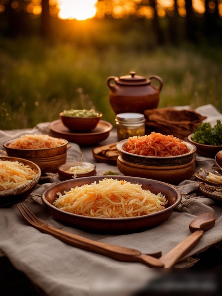 На первом изображении изображена сельская местность на закате, с рустиканским столом, украшенным традиционными русскими блюдами, где главное блюдо — квашеная капуста - Пример 5