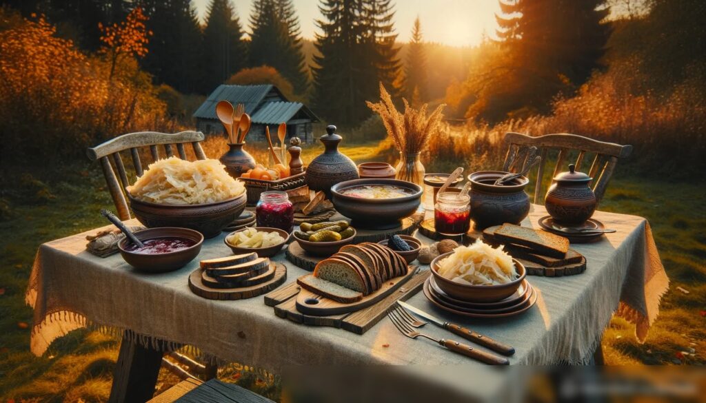 На первом изображении изображена сельская местность на закате, с рустиканским столом, украшенным традиционными русскими блюдами, где главное блюдо — квашеная капуста - Пример 1