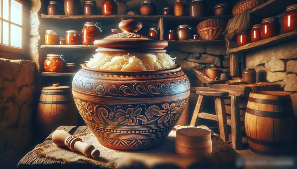 На втором изображении показана керамическая банка, заполненная квашеной капустой, в процессе брожения, расположенная на деревянной поверхности в старинном подвале - Пример 2