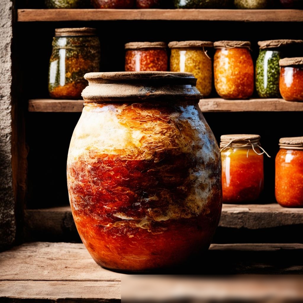 На втором изображении показана керамическая банка, заполненная квашеной капустой, в процессе брожения, расположенная на деревянной поверхности в старинном подвале - Пример 3