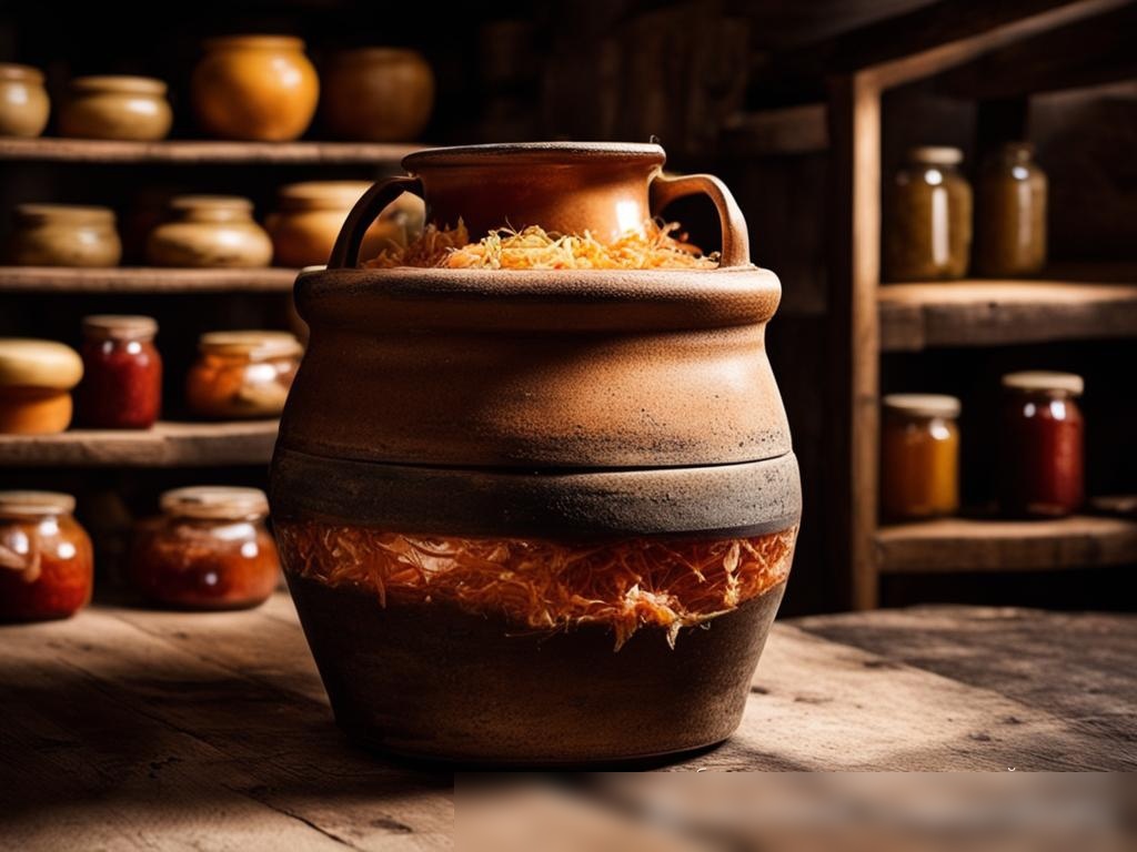 На втором изображении показана керамическая банка, заполненная квашеной капустой, в процессе брожения, расположенная на деревянной поверхности в старинном подвале - Пример 4