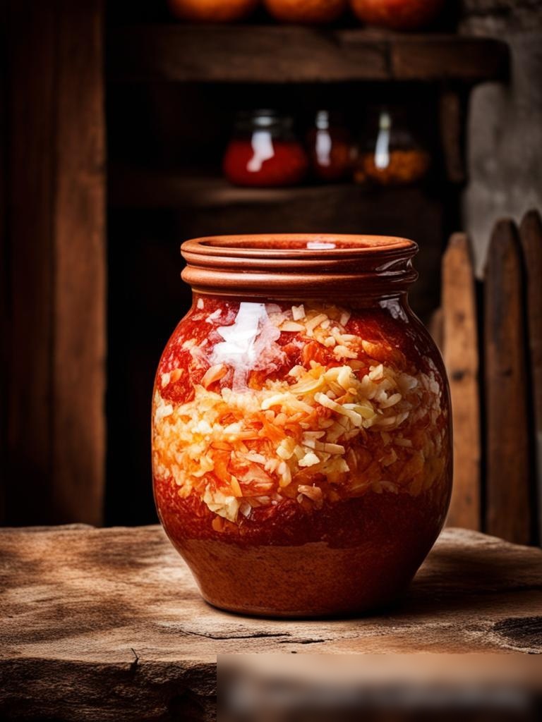 На втором изображении показана керамическая банка, заполненная квашеной капустой, в процессе брожения, расположенная на деревянной поверхности в старинном подвале - Пример 5