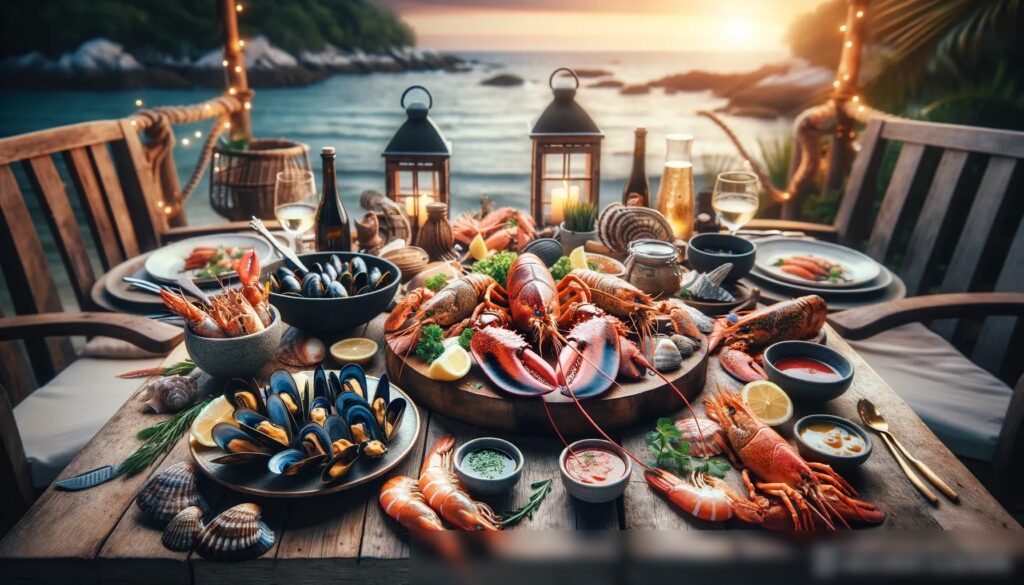 Праздничный ужин с морепродуктами на деревянном столе на открытом воздухе - Пример 2