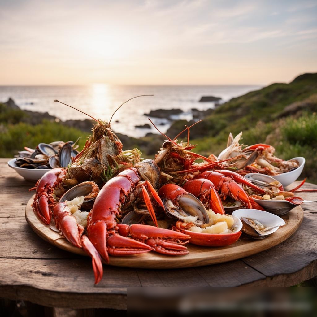 Праздничный ужин с морепродуктами на деревянном столе на открытом воздухе - Пример 3