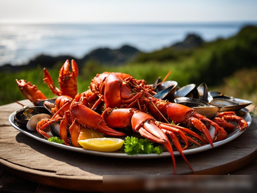 Праздничный ужин с морепродуктами на деревянном столе на открытом воздухе - Пример 4