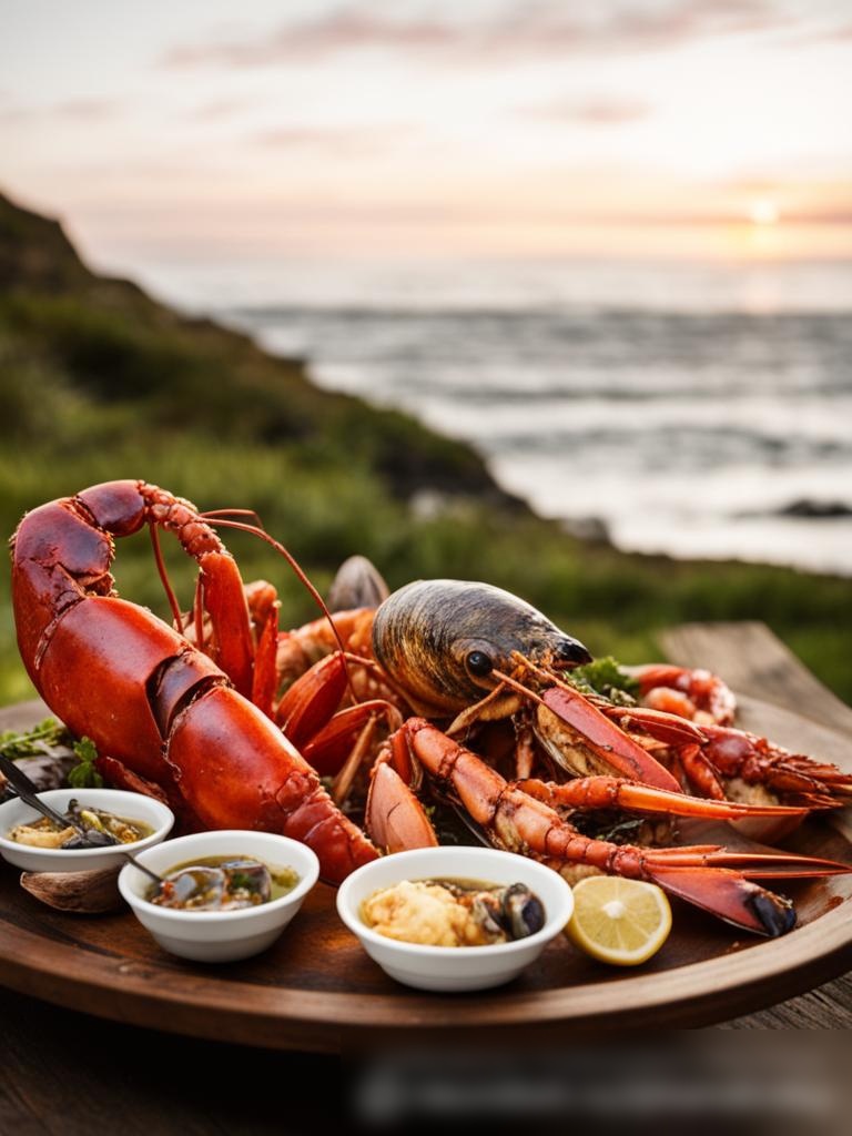 Праздничный ужин с морепродуктами на деревянном столе на открытом воздухе - Пример 5