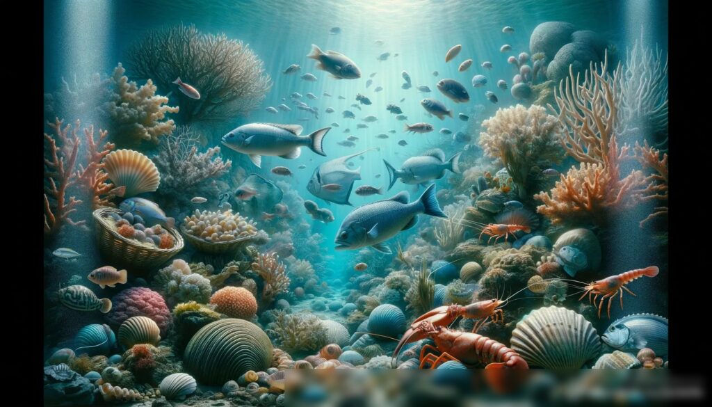 Подводный пейзаж с разнообразием морепродуктов в их естественной среде обитания - Пример 2