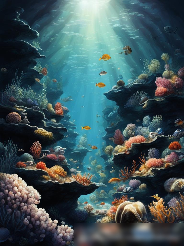 Подводный пейзаж с разнообразием морепродуктов в их естественной среде обитания - Пример 5