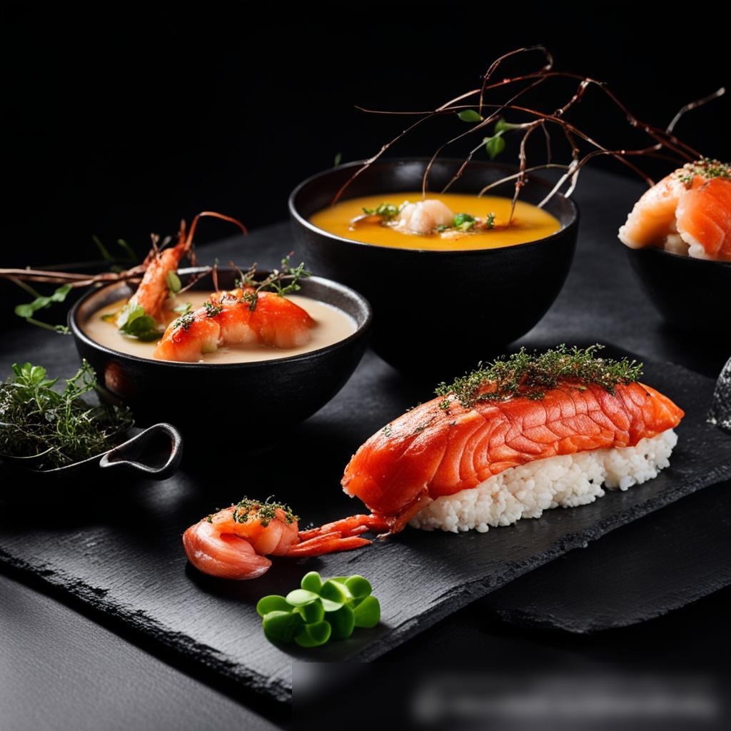 Крупный план на изысканные блюда из морепродуктов на темном, элегантном столе - Пример 3