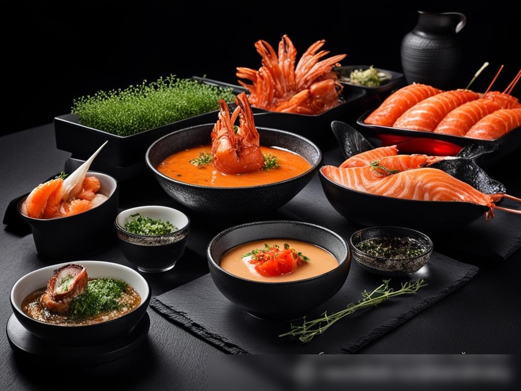 Крупный план на изысканные блюда из морепродуктов на темном, элегантном столе - Пример 4