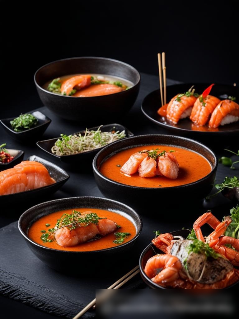 Крупный план на изысканные блюда из морепродуктов на темном, элегантном столе - Пример 5