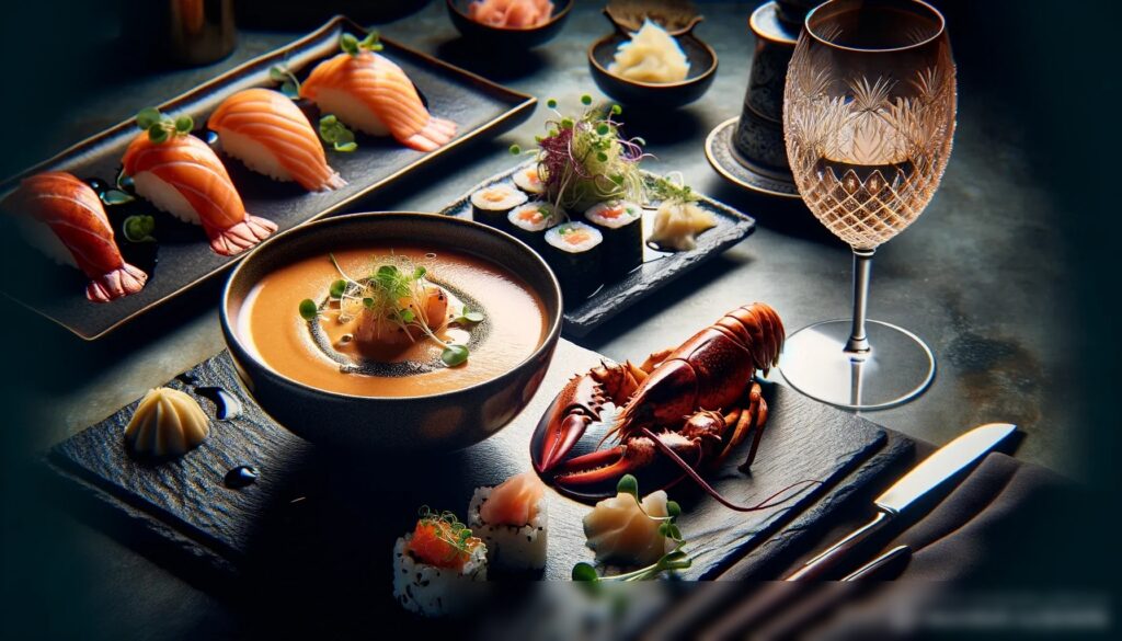 Крупный план на изысканные блюда из морепродуктов на темном, элегантном столе - Пример 1