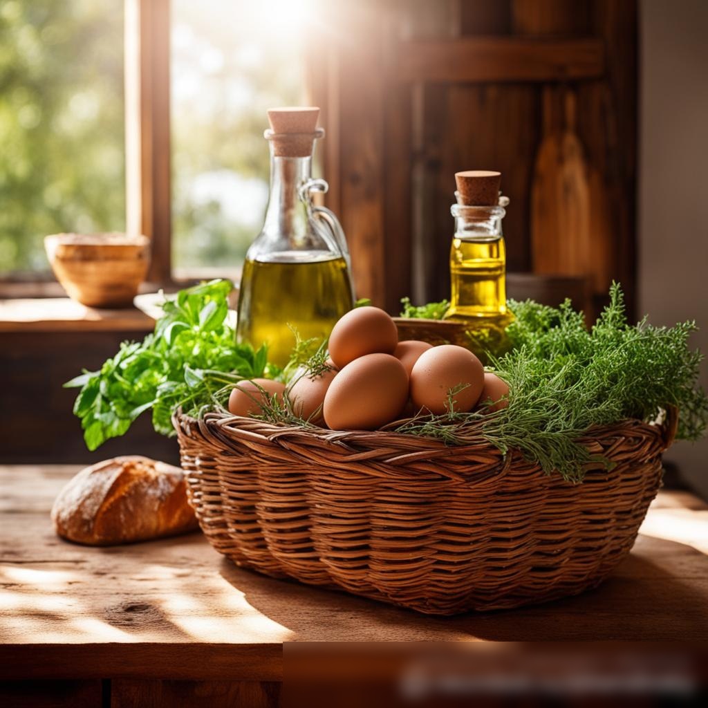 Крупный план корзины с разнообразными органическими продуктами на столе из грубого дерева, включая свежие коричневые яйца, целый каравай цельнозернового хлеба, бутылку холодного отжима оливкового масла и пучок свежих зеленых трав на фоне уютной, освещенной солнцем кухни с окном, выходящим на зеленый сад - Пример 3