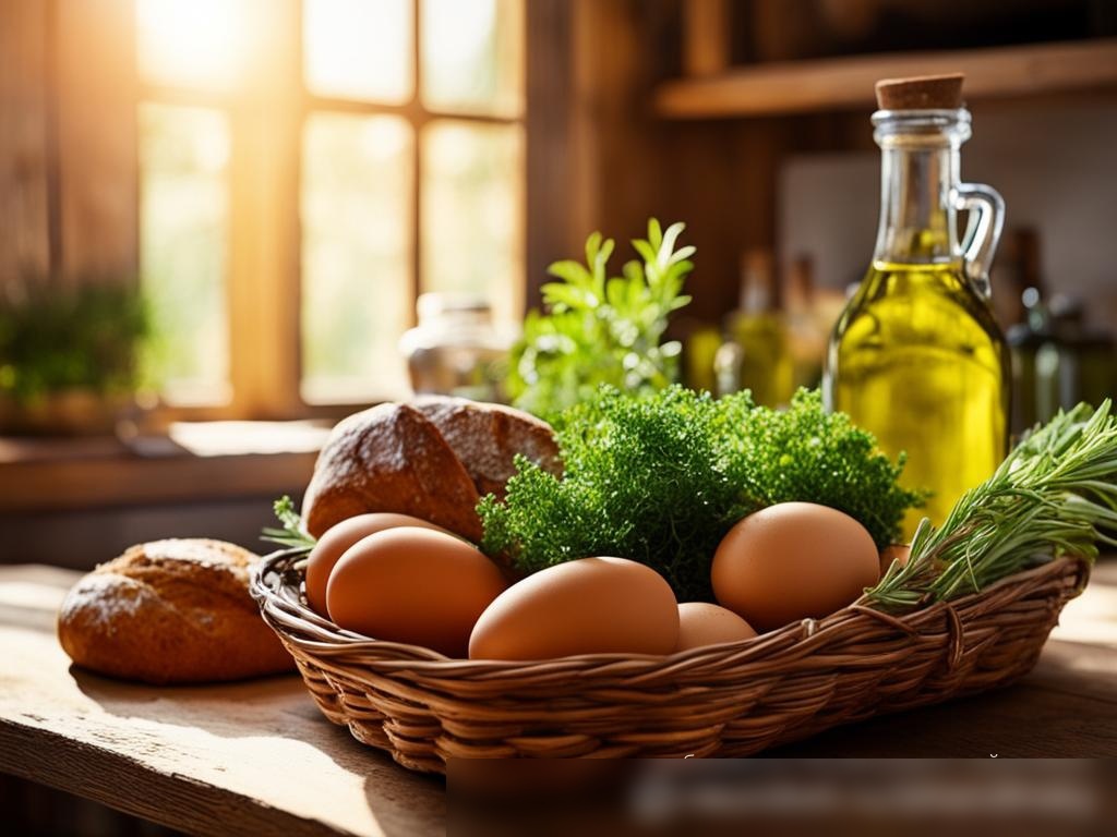Крупный план корзины с разнообразными органическими продуктами на столе из грубого дерева, включая свежие коричневые яйца, целый каравай цельнозернового хлеба, бутылку холодного отжима оливкового масла и пучок свежих зеленых трав на фоне уютной, освещенной солнцем кухни с окном, выходящим на зеленый сад - Пример 4