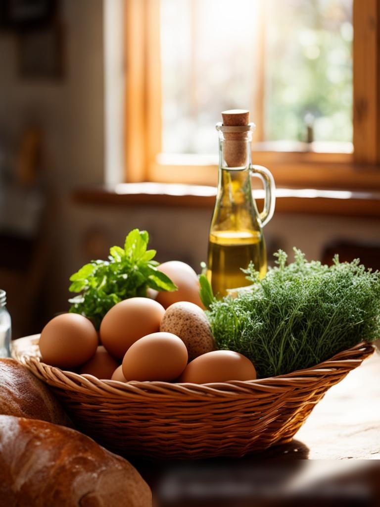 Крупный план корзины с разнообразными органическими продуктами на столе из грубого дерева, включая свежие коричневые яйца, целый каравай цельнозернового хлеба, бутылку холодного отжима оливкового масла и пучок свежих зеленых трав на фоне уютной, освещенной солнцем кухни с окном, выходящим на зеленый сад - Пример 5