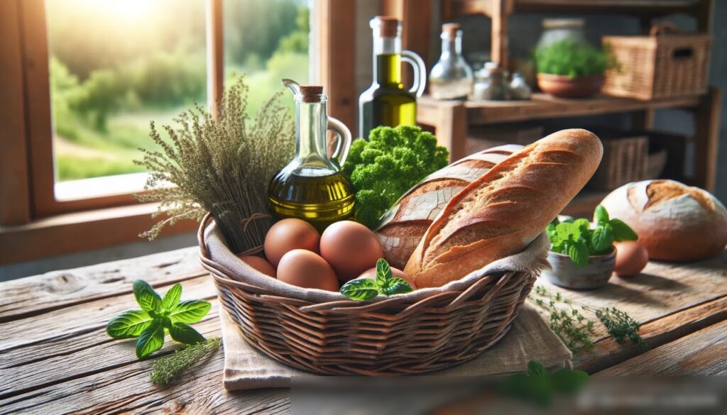 Крупный план корзины с разнообразными органическими продуктами на столе из грубого дерева, включая свежие коричневые яйца, целый каравай цельнозернового хлеба, бутылку холодного отжима оливкового масла и пучок свежих зеленых трав на фоне уютной, освещенной солнцем кухни с окном, выходящим на зеленый сад - Пример 1