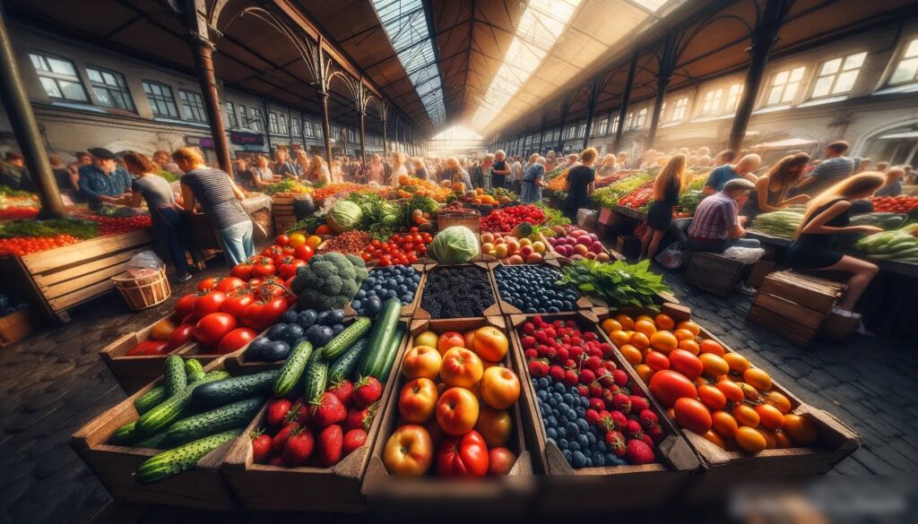 Широкоугольное фото оживленного фермерского рынка в России, передающее яркие цвета и текстуры свежих продуктов - Пример 2