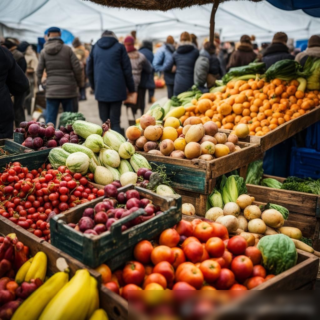 Широкоугольное фото оживленного фермерского рынка в России, передающее яркие цвета и текстуры свежих продуктов - Пример 3